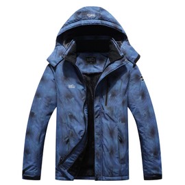 Pooluly Men's Ski Jacket Warm Winter Waterproof Windbreaker Hooded Raincoat Snowboarding Jackets Blue Camo-2XL