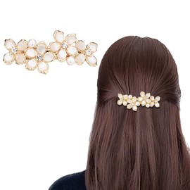 Crystal Flower Hair Clips Rhinestone Pearl Barrettes Ponytail Holders Hair Accessory for Women Wedding Birthday(Gold)