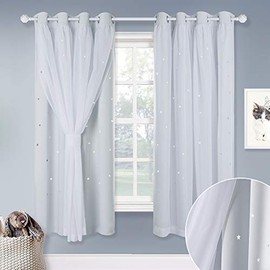 NICETOWN Nursery Bedroom Curtains 63 inch Length, Room Darkening Starry Drapes Overlapped with White Sheer for Kids (52" Wide, Greyish White, 4 Tie Backs Included)
