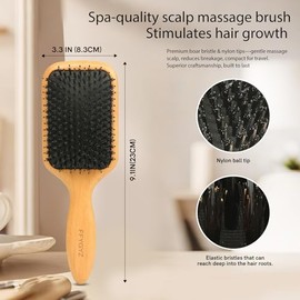 Boar Bristle Wooden Hair Brush - Premium Grade A Beechwood Paddle Handle, Redistributes Scalp Oils for Healing Dry Hair, Enhances Shine & Smoothness, for All Hair Types, for Men, Women, Kids, Elderly。