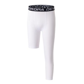 DEVOROPA Youth Boys One Leg Compression Pants for Basketball 3/4 Leggings Sports Tights Kids Athletic Soccer Base Layer White L