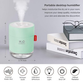 Portable Mini Humidifier, 500ml Small Cool Mist Humidifier, USB Personal Desktop Humidifier for Baby Bedroom Travel Office Home, Auto Shut-Off, 2 Mist Modes, Super Quiet (Green)