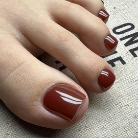 KQueenest Brown Press On Toe Nails Short Square Natural Acrylic Artificial Toe Nails Elegant Shiny Plain Full Cover Foot Press On Nails for Women, Pack of 24