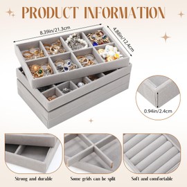 Tondiamo 16 Pcs Velvet Jewelry Drawer Organizer Trays Bulk 8.39 x 4.88 x 0.94 Inch Grey Stackable Jewelry Storage Inserts Set Tray Set with Removable Divider for Earrings Necklaces Bracelets