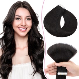 SEGO Pro 45cm Tape in Extensions Echthaar Haarverlängerung Naturhaarfarbe 10PCS 15g Invisible Skin Weft Haarteil, 1B#Naturschwarz,Hair Extension63