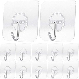 Alayaglory 20 Pack Transparent Adhesive Hooks 30 lb(Max), Waterproof and Oilproof Reusable Seamless Hooks, Heavy Duty Wall Hook for Kitchen Bathroom Office