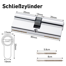 Hengsong Cylinder Lock 40/40, Lock Cylinder 40/40, Profile Cylinder for Front Door, Front Door, Security Lock Front Door, Garden Gate Lock, Front Door Lock, Approx. 8 cm x 1.68 cm x 3.28 cm, Silver