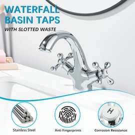 Traditional Victorian Monobloc Basin Mixer Tap Vintage Chrome Dual Cross Handle Bathroom Faucet with Pop up Waste Single Hole Monobloc