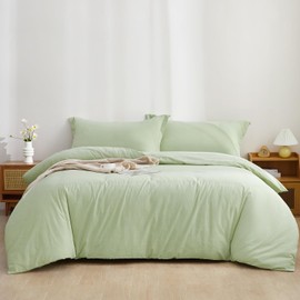 SAPHREAS Twin Size Sage Green Duvet Cover 100% Washed Cotton Soft Comforter Cover Simple Style 2pcs 1 Solid Color Duvet Cover with Zipper Ties 1 Pillowsham