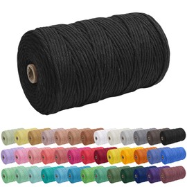 Uiopa Macrame Cord 3mm x 200m, Single Strand Twist Macrame Cotton Cord, Coloured Craft Rope for Plant Hanger, Dream Catcher, Wall Hanging, Keychains, DIY Projects - Black