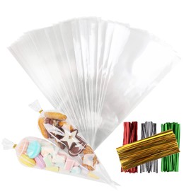 LOMIMOS 6X12in Clear Triangle Cellophane Bag,Cone Shaped Treat Cello Goody Bag with Colorful Twist Ties for Handmade Bakery Popcorn Cookie Dessert,200pcs