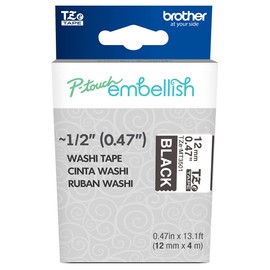 Brother P-touch Embellish White Print on Black Washi Tape TZeMT3501 - ~~½” Wide x 13.1’ Long for use with P-touch Embellish Ribbon & Tape Printer