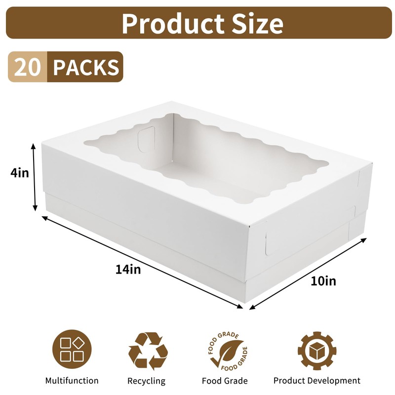 Moretoes 20pcs 14x10x4in Sheet Cake Boxes, White Quarter Bakery Boxes