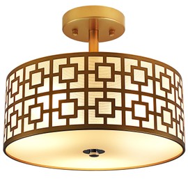DLLT Flush Mount Ceiling Light: Modern 3-Light Semi Flush Mount Light Fixture - Drum Kitchen Lighting Fixture for Dining Room - Gold Bedroom Ceiling Lamp with Double Shade