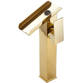Bathroom Vessel Faucet Gold Waterfall Single Handle One Hole Bathroom Faucets Tall Body Brass Bath Vanity Lavatory Bowl Sink Contemporary Commercial Rustic Basin Mix Tap Deck Mount Water Supply Hose