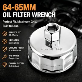 64-65mm 14 Flute Oil Filter Wrench Compatible with Toyota Lexus Honda, 1/2" Drive Cap Style Oil Filter Removal Tool, Precision Fit for 64mm 65mm Oil Filter Housing, Heavy-Duty Steel Construction
