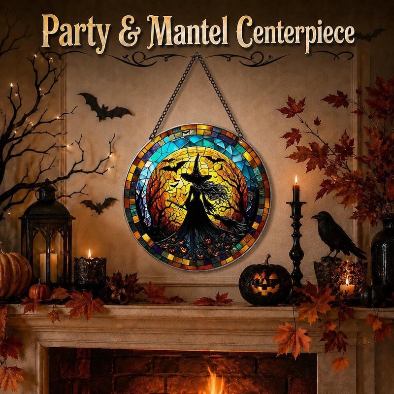 Sun Catchers For Windows, Moon & Witch Gothic Stained Glass