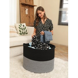 24" x 24" x 17" Max Size Large Cotton Rope Basket, Extra Large Storage Basket, Woven Laundry Hamper, Cloth Storage Bin, for Blankets Clothes Towels Pillows in Living Room, Black/Grey Mix