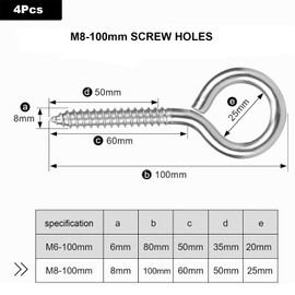 Valorada 4Pcs 100mm Screw in Vine Eyes, Stainless Steel Eye Hooks, Hook and Eye for Securing Cables, Hanging Lights, Indoor & Outdoor Use