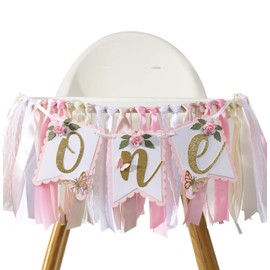 Pink and Gold High Chair Banner- Floral and Butterfly One Highchair Banner, 1st Birthday Party Decoration for Girls, Pink 1st Birthday Decor