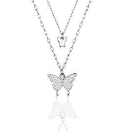 YUNHENTONG Butterfly Pendant Necklace, Butterfly Layering Chain Women, Silver Necklace with Pendant, Silver Necklace Women, Butterfly Chain Jewellery for Women Girls, Crystal, Rhinestone