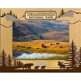 Saddle Mountain Souvenir Yellowstone Bear and Moose Silhouettes Laser Engraved Wood Picture Frame Landscape (4 x 6)