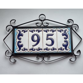 Daniella-M2 Spanish Hand-painted Ceramic Dark Blue Number With Dark Blue Border And 4 Tile Filigree Frame
