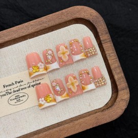 10Pcs Handmade Duck Press on Nails Medium Thick Fake Nails French Tip False Nails with 3D Flower Rhinestone Design Reusable Acrylic Nails Press on Nails Full Cover Glue on Nail for Women Nail Art (S)