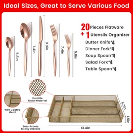 KITWARE 20-piece Rose Gold Silverware Set with Tray Service for 4, Stainless Steel Flatware, Mirror Polished Cutlery Utensil Set for Home Kitchen, Starter Tableware Set