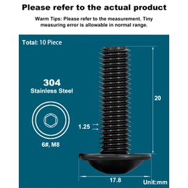 Drenky Hexagon Socket Screws Black, M8 Screws Stainless Steel Hexagon Socket M8 x 20 mm Rustproof Stainless Steel A2 V2A Rounded Head Screw with Flange Thread Screws Full Thread, Pack of 10