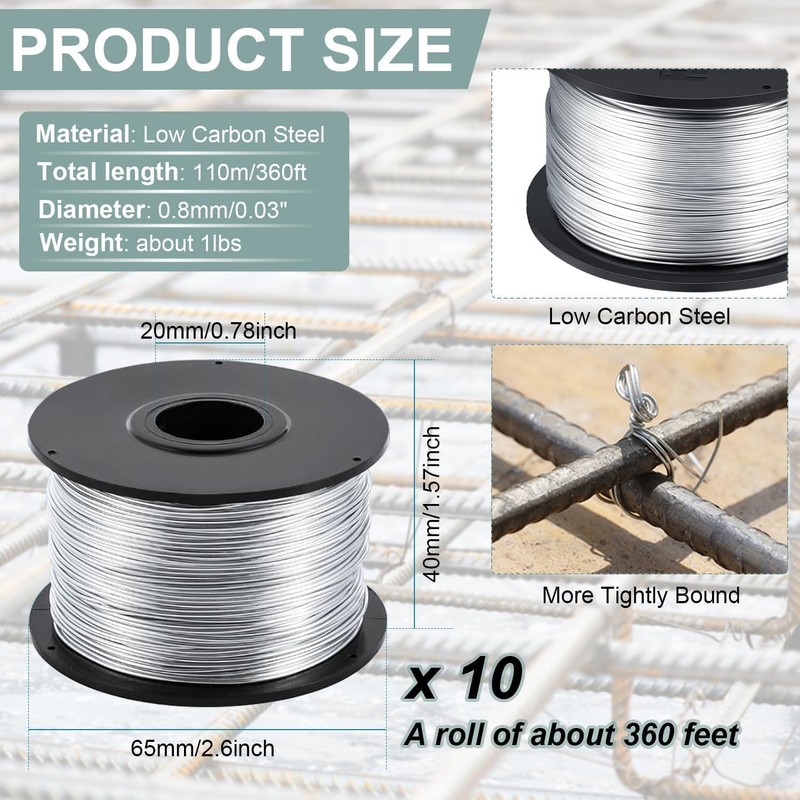 Steel Rebar Tie Wire Coil 10 Rolls, 1/32" 0.8 mm