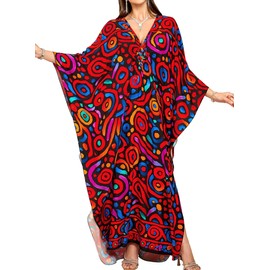 Yanziliu Women Kaftan Dresses Plus Size V-Neck Batwing Sleeves Beach Cover Up 2025 Summer Floral Print Caftan Dress, Black African Style, One Size