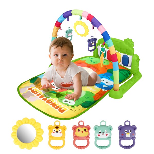 WALLE Baby Play Mat, Baby Essentials for Newborn Kick and Play Piano Gym Tummy Time Playmats & Floor Gyms with 5 Senses Rattles Toys, Music and Light for Newborns (Green Dinosaurs)
