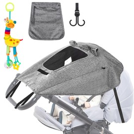 Awning Pram UV Protection 50+ and Waterproof, Sun Shade for Prams with Giraffe Hanger and Pram Hook, Adjustable Universal Sun Protection Buggy with Viewing Window (Grey)
