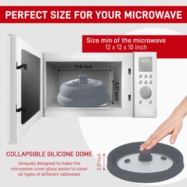 Microwave Splatter Cover Glass 10 Inch - Collapsible Microwave Splatter Cover for Plate & Bowl - Tempered Glass Top, Food-Grade Silicone Dome with Heating Vents & Heat-Safe Handle
