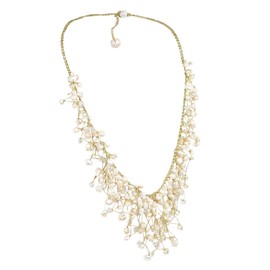 AeraVida Cascading Waterfall of White Cultured Pearls and Crystals on Gold Colored Silk Thread Stylish Statement Necklace