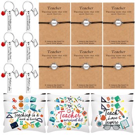 18 Pcs Teacher Gifts Appreciation Gift 6 Makeup Bags 6 Teacher Appreciation Keychains 6 Teacher Bracelets with Thank You Cards for Teacher Nurse Coworkers Women Festival Graduation Gifts