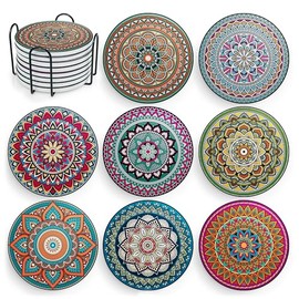 Posavasos Mandala con Soporte - 8 Pcs Posavaso Boho de Cermica para Bebidas, Absorbentes, con Base de Corcho y Soporte Negro - Posavasos para Mesa de 