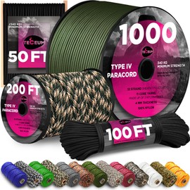TECEUM Paracord Type IV 750 lb Black 016 – 200 ft – 4mm – 100% Nylon Strong Tactical MIL–SPEC Parachute Cord – Survival Rope Emergency para Cord 11 Strands Core EDC Camping Hiking Military Gear 016a