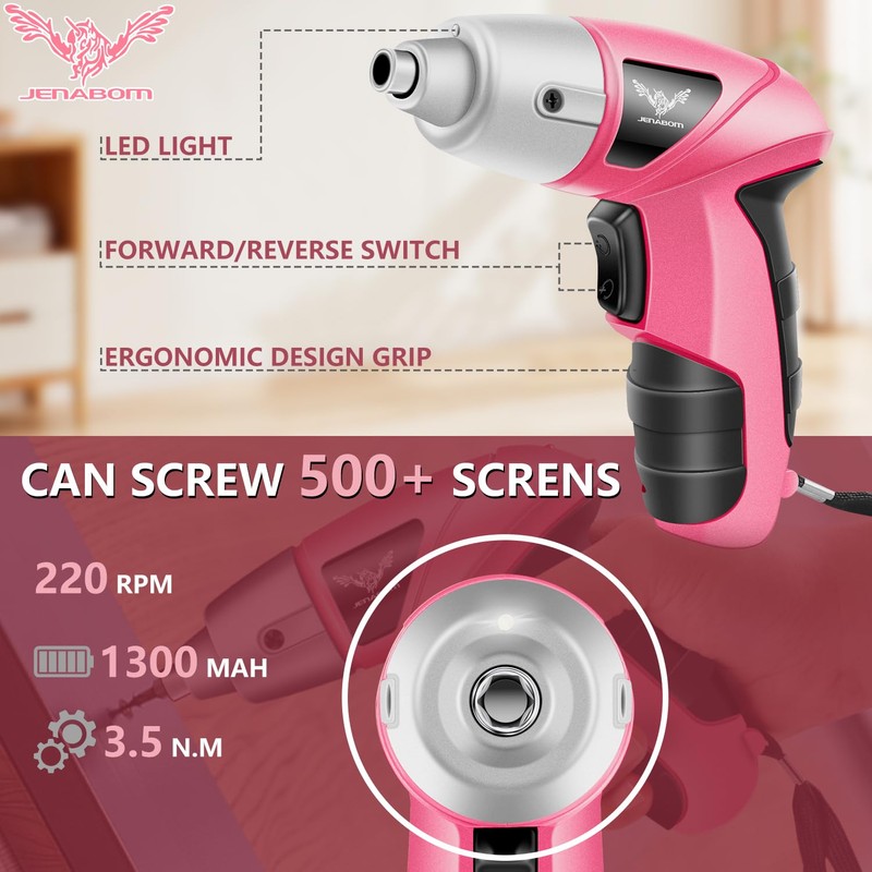 JENABOM Cordless Screwdriver Rechargeable 3.6V, Pink Tool Kit with Small