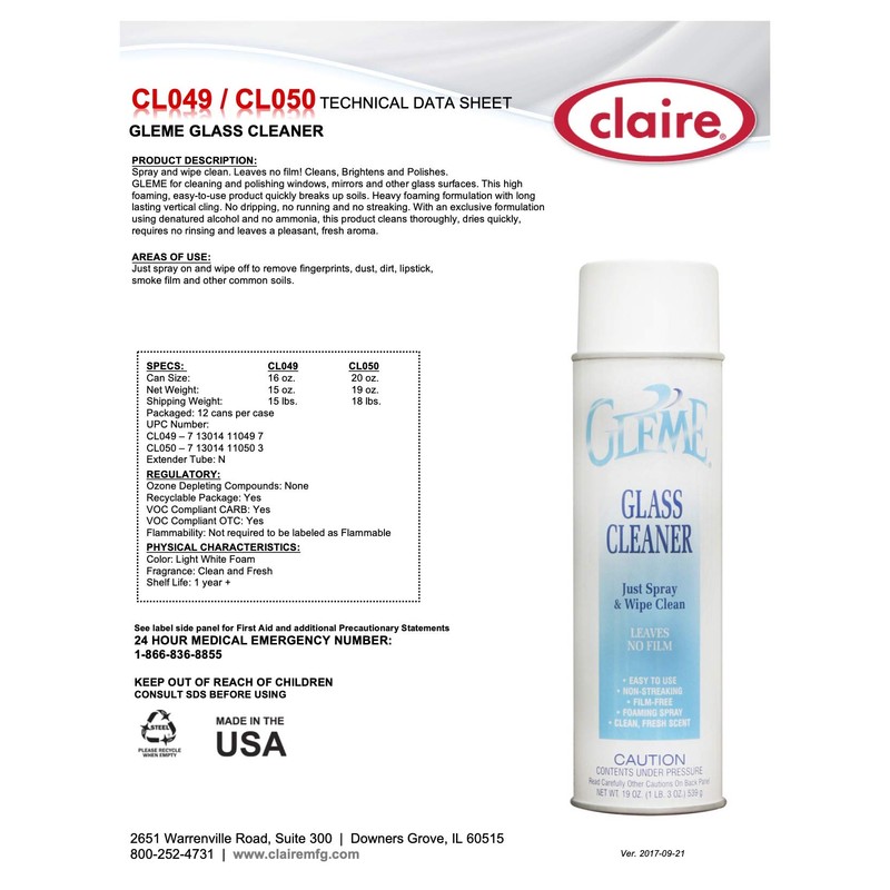 Claire Manufacturing CL050-1PK Gleme Glass Cleaner, 20 oz. can, 1