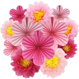 BestoFun 12PCS Paper Fans Hot Pink Party Decorations