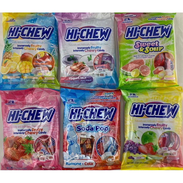 Hi Chew 6 Different Flavors Variety Pack (Tropical Mix, Sours, Strawberry, Original Mix, and Yogurt) (Pack of 6)