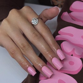 KQueenest Glossy Baby Pink Press on Nails Short Medium Square - Solid Color Fake Nails Short Coffin Acrylic False Nails Glue on Nails for Women DIY Manicure, 32 Pcs