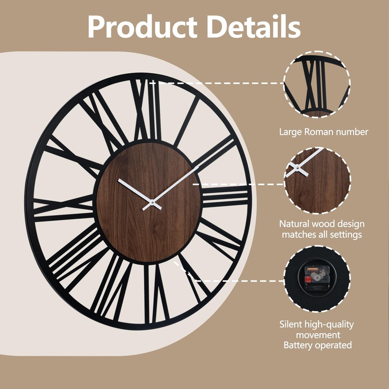 Jassurance Large Lighted Wood Wall Clock Remote Control, Roman Numeral