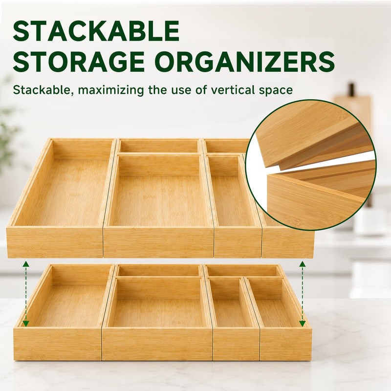 BOY MCOWBOY Bamboo Kitchen Drawer Organizer for Utensils, Set of