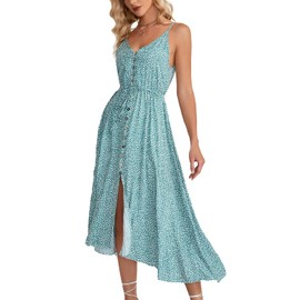 BROVAVE Women's 2025 Summer Casual Boho Sundress Polka Dot Spaghetti Strap V Neck Flowy Midi Dresses(008 Light Green, Medium)
