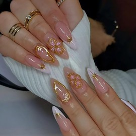 BQZQPAMZ White French Tip Press on Nails Gold-Stamped Pink Flower Fake Nails Medium Almond Shaped With Glue Reusable Full Coverage Acrylic Nails for Women DIY Spring Glossy Manicure Supplies