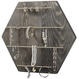 MyGift Vintage Style Gray Wood and Brass Tone Metal Hexagonal Jewelry Hanger Rack - 4 Tier Wall Mounted Necklace, Bracelet Storage Organizer Display Décor