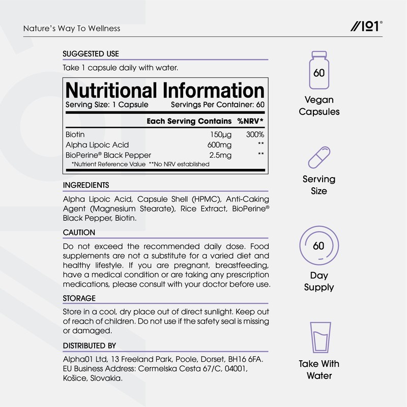 Alpha Lipoic Acid (ALA) 600mg - Made with Biotin &